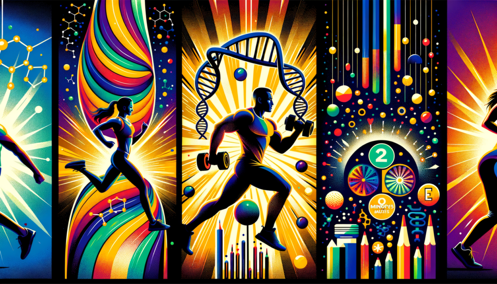 Atlet s DNA šroubovicí symbolizující vědecký výzkum zdraví v roce 2026 – barevná ilustrace propojující sport, genetiku a vědu.