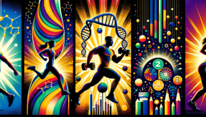 Atlet s DNA šroubovicí symbolizující vědecký výzkum zdraví v roce 2026 – barevná ilustrace propojující sport, genetiku a vědu.